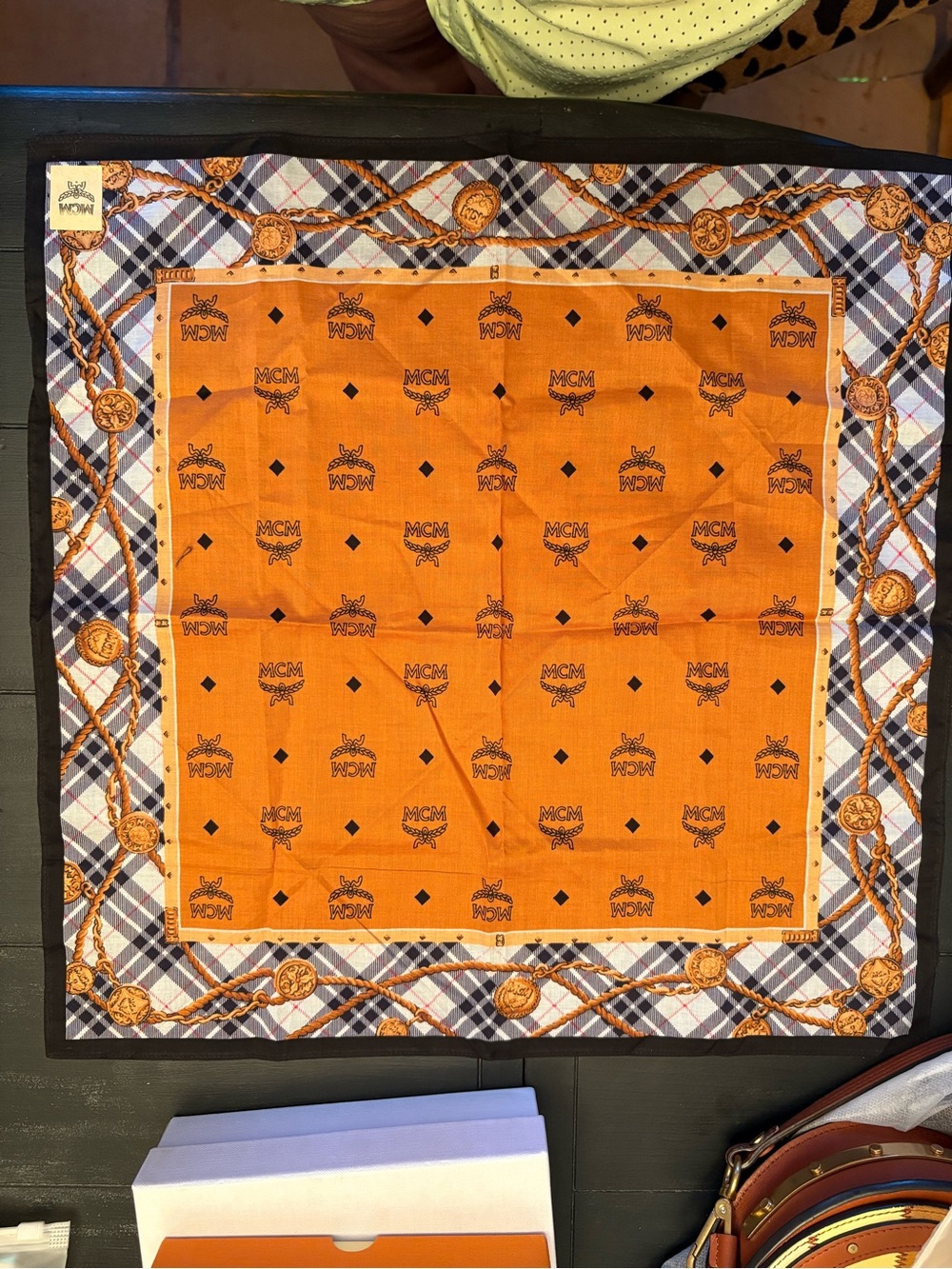 MCM Black, Orange and Cream Chain-Print Silk Scarf